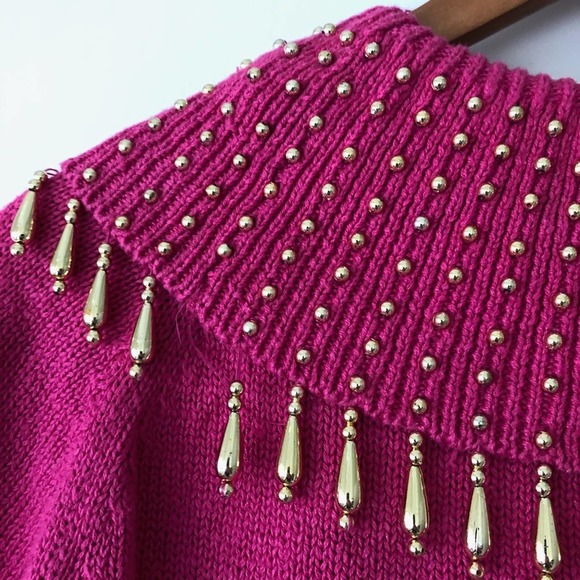 Vintage 80s Barbie Hot Pink Sweater Gold Embellished Tassels Cervelle Large - Picture 6 of 9